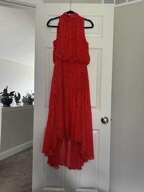 Taylor Orange Polka Dot High-Low Sleeveless Dress